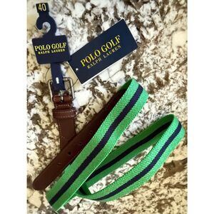 Polo Golf Ralph Lauren Men’s Belt Size 40 Green Navy Woven Stretch Leather Trim